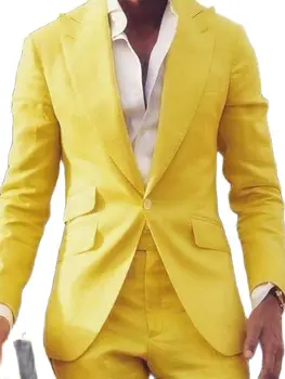 2022 Нов дизайн, ярко жълти Сватбени костюми за мъже, костюми на младоженеца, 2 бр., яке, панталони, мъжки Оборудвана Блейзър с ревера панталони
