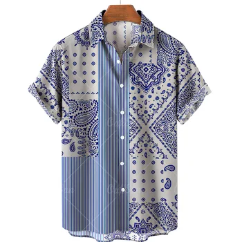 Лятна риза с къс гавайским ръкав, мъжки блузи Harajuku в ивица с 3D-принтом, Модерен, оригинален жилетка копчета с Мики.