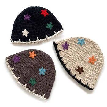 Скъпа многоцветен памучен шапка-кофа, ръчно изработени от памук, със звездите, вязаная плетени, за жени, на Едро, Есенна вязаная шапчица, Сгъваема Куполна Гъвкава шапка