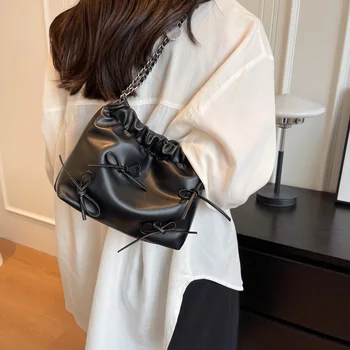 Сладко чанта през рамо с папийонка в стил 2023 Y2K, сребърни дамски чанти, кожена чанта през рамо, вечерни портфейли