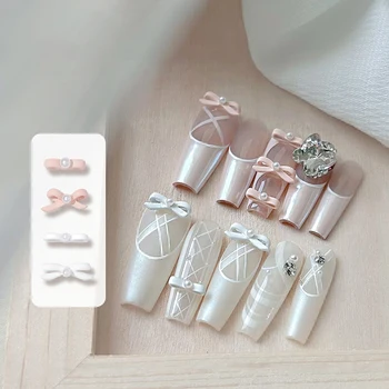 10шт 3D Розова панделка за момичета-Балерина, Лъкове от перлата на сплави, Детайли за нокти, изделия от френската модна нийл арт