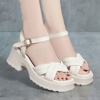 BCEBYL Лятото дишащи сандали с кръгло бомбе на дебелите ток с малките пръсти, нова мода нескользящая износостойкая дамски обувки