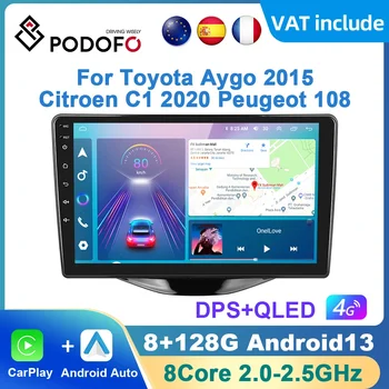 Podofo AI Voice на Android Carplay Автомагнитола за Toyota Aygo 2015/Citroen C1 2020/Peugeot 108 Android Auto 4G Мултимедия, GPS