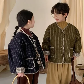 Детско палто с памучна подплата, 2023, Зимно палто за момчета и момичета в корейски стил с цветен модел, ежедневното утолщенное топло просто палта за момичета и момчета
