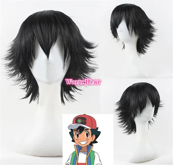 Аниме Ел Ketchum Кратък черна перука за cosplay от топлоустойчива коса + шапка за перука
