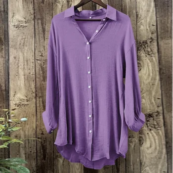 Пролетни и летни Ризи с дълъг ръкав 2023 Нова в памучна риза от бамбуково влакно, Ежедневни Свободна дълга риза, Дамски блузи, Обикновена блузы 24648