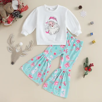 Комплекти Коледно облекло за деца и малки момичета, hoody с принтом Дядо Коледа с дълъг ръкав, блузи, комплекти, панталони с принтом в кутия за подарък