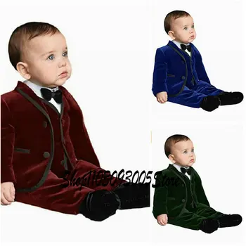 Бордо velvet детски костюм от 3 теми, зимно яке, Панталон, жилетка, Модерен сватбен смокинг за момчета, Сако за момчета, Дрехи по поръчка