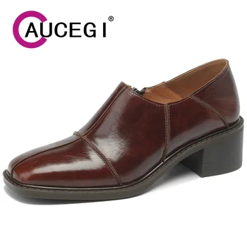 Aucegi / 2024, Пролет-есен, Ново записване, офис дамски обувки-лодка от естествена кожа с цип с квадратни пръсти, тънки високи обувки не сужающемся надолу ток