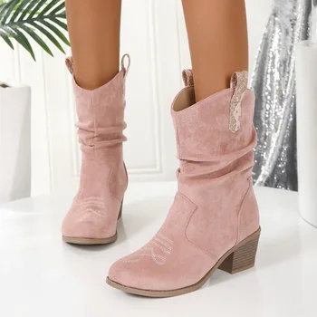 Дамски обувки за продажба на 2023 г., Висококачествени Есенни Обикновен Дамски обувки от изкуствена кожа, без закопчалка на площада обувки с кръгло бомбе, ботуши на ток