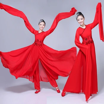 Китайски традиционен народен танц, облекло Янко Ханфу, национален танцов костюм с водно ръкав, костюми за фанатского танц, Костюми Хмонгов, Източно рокля