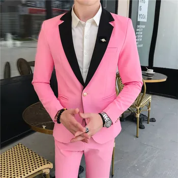 2023-Нов (Сако + панталон Мъжки Моден Бизнес Случайни Корейски Джентълменско Обикновен Сватбен Елегантен костюм от 2 теми в британския стил