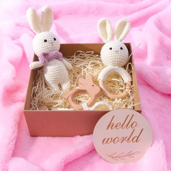 Подаръчен комплект за новородено, детска дрънкалка, вязаный зайо на една кука детска играчка/Кукла-заек за новородено/Скоба за детски залъгалки за малки момичета и момчета, Трайни
