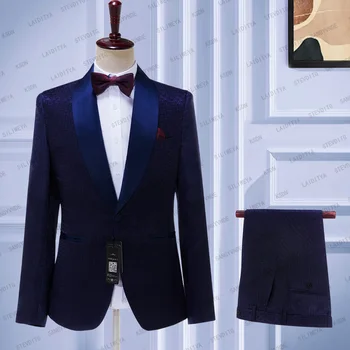 2023 Мъжки сватбени костюми Тъмно синьо Жаккардовый Италиански дизайн, изработен по поръчка Смокинг за пушачи шампанско, яке, за да оформите от 2 части за мъже