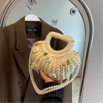 Малки чанти за плетиво на една кука от памучни конци, дамски летни модни дизайнерски ръчно изработени чанти, дамски плажна чанта-миди с буйни цветя