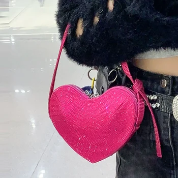 Чанти за партита във формата на сърце За жени, луксозна дизайнерска чанта, портфейл, новост 2023 Г., модерен мини-клатч с блестящи диаманти през рамо