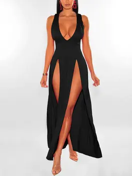 Лятна рокля Макси с цепка 2023, женствена секси вечерна рокля с дълбоко V-образно деколте, секси дълга рокля за нощен клуб за жените