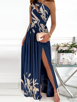 Рокля 2023 Лятото-Секси Елегантна рокля с открити рамене, с цветен модел, с наклон, с висока цепка, кух Вечерна рокля, Асиметрична Секси Дълга рокля