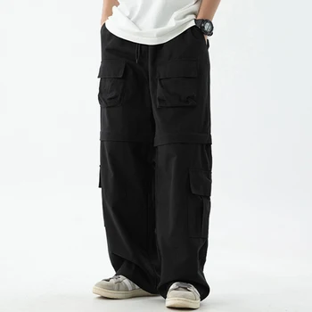Черен панталон-карго Мъжки Свободни панталони с много джобове, Пролет-есен, Свободни Директни ежедневни панталони, панталони