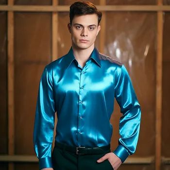 Мъжка риза с дълъг ръкав, лъскава коприна сатен риза с яка-часова, обикновен есенен висококачествени ежедневни и стилен