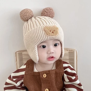 Зимна детска шапка-бини, защита на ушите мультяшного мечка, вязаная капачка за малки момчета и момичета, сладък Корейски есенни топли детски шапки Gorros