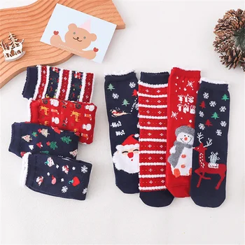 Коледни чорапи за жените, зимни Дебели плюшени, топли, удобни, от мек коралов кадифе, сладки чорапи на Дядо Коледа, топли, заснежени чорапи за мъжете.
