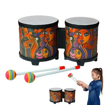 Бонго барабани за деца, детска шок инсталация, ударни инструменти, музикална играчка, ръчен барабан, барабан за ръчна работа с 2 цветни барабанни пръчки