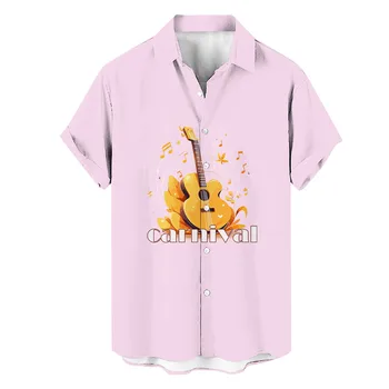 Мъжко Пролетно-лятна Мъжка Мода Свободна Музикална Риза С Гитарным Принтом Копчета С Къси Ръкави Holiday slim fit