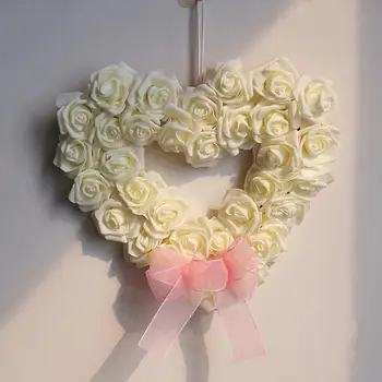 Универсален венец Реалистичен венец от рози с бантиком за сватбени партита, за украса на входната врата, във формата на сърце любов за дома