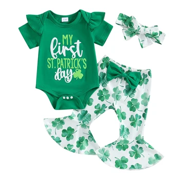 Новородено момиченце, първият ми облекло за Деня на Св. Патрик, Зелен гащеризон с волани, риза с къс ръкав, комплект расклешенных панталони