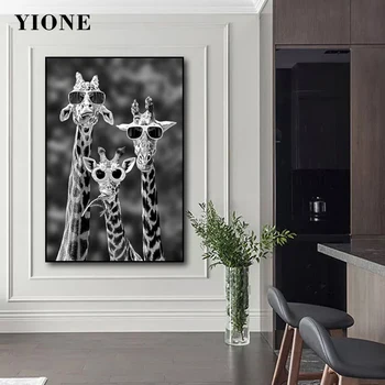 Черно-бял Жираф, живопис върху платно, модерни семейни картини с диви животни, стенни рисунки за хол, спалня, щампи плакати, декор