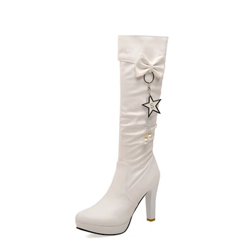 QPLYXCO/ Луксозни Дизайнерски Пикантни Модни Бели Ботуши до коляното с лък; Дамски обувки с цип и платформа с високи токчета; Zapatos De Mujer C50-6