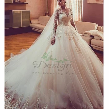 Очарователно бална рокля с дълги ръкави и перли, расшитое мъниста, Vestido De Casamento, бална рокля с масова илюзия, сватбени рокли 2023 година