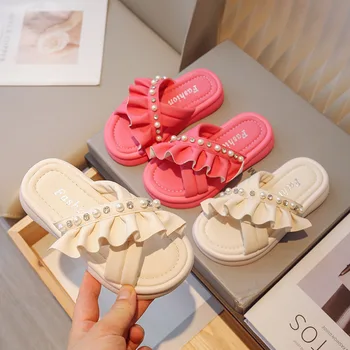 Корейската Универсална обувки от изкуствена кожа, с Отворени пръсти и Гофрированным Перли, Новост Лятото 2023, Меки Детски Ежедневни Обувки на Дебела Подметка, Уникална Детска Мода Обувки На платформа