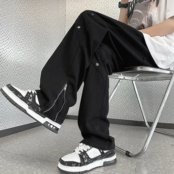 Бели дънки, със страничен цип в американски стил, мъжки плътно прилепнали черни панталони-клеш в стил уличен хип-хоп, широки дънки с микро-изгорени штанами.