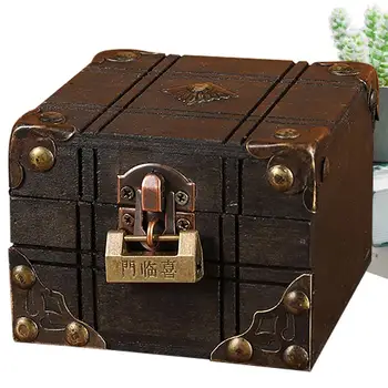 Мини Дървена кутия за съхранение на Ретро Кутия с ключ за съкровищата на Ретро Кутия за съхранение на Бижута в Ковчег за съкровище Настолен Органайзер за Дома, Детски подарък