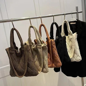Модерна чанта от куха тъкан, мека реколта женствена чанта през рамо, възли, чанти-тоут голям капацитет за плажни пътуване, чанта