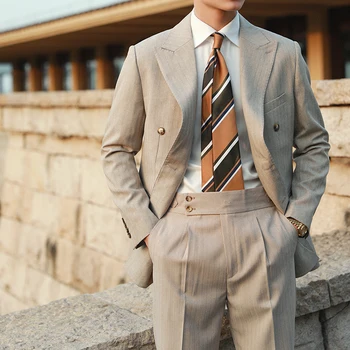 Мъжки костюм 2023 цвят Каки, светло сиво, двубортный, 2 бр. (сако + панталон Свободно време за Сватба младоженците, бизнес костюми, Slim Fit за мъже