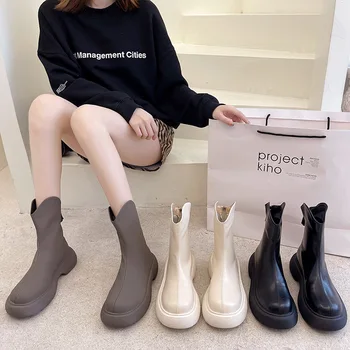 Обувки, Дамски гумени ботуши, Зимни обувки, Дамски луксозни дизайнерски обувки Дъжд с кръгло бомбе, 2023, Черна женска кожа до средата на прасците, есен