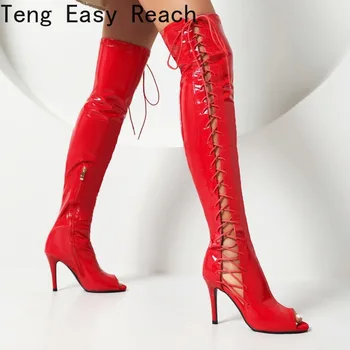 Пикантни Червени Дамски Ботуши Над Коляното от боядисана кожа дантела На тънък ток, Модерен Есенен дамски обувки Големи размери, Zapatillas Mujer