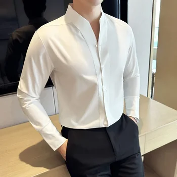 Висококачествено секси риза с голямо V-образно деколте, мъжки дизайнерски риза без яка и с дълъг ръкав, кафява монтиране топ