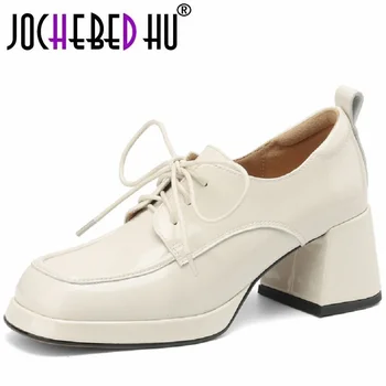 【JOCHEBED HU】 Висококачествени дамски обувки на платформа, обувки-лодка от естествена кожа с квадратни пръсти, елегантни дамски обувки на висок ток