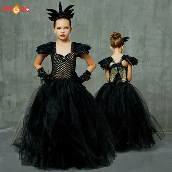 Ангел на Мрака, черно модерен момиче Туту рокля елегантна Принцеса момиче рожден ден Хелоуин Крила детски костюм бална рокля