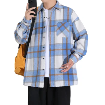 Мъжки сини ризи в клетка с дълъг ръкав, ежедневни риза с копчета, клетчатая риза в клетката, пролетно-есенна мъжка блуза