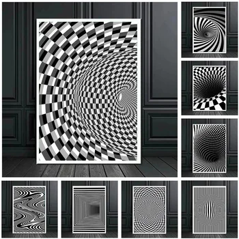 Абстрактна оптична илюзия, щампи плакати за домашен интериор на хола, е черно-бяла Кошмарен картина върху платно, стенно изкуство
