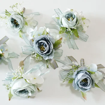 Boutonniere и корсаж на китката за бизнес тържества, сватбени аксесоари Breastflower Studio, сиво-синята имитация на рози 287