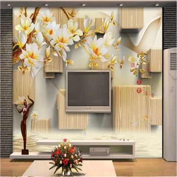 beibehang 3D дърворезба за дома и цветни резбовани стенопис с магнолией на заден план стени, papel de parede, тапети за стени d 3