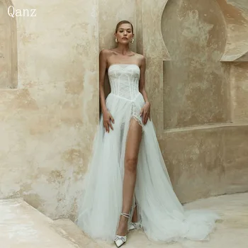 Сватбена рокля от бохемски тюл Qanz, Дълго Трапециевидное рокля с висока цепка отстрани, Дантелени Бели рокли, Дамско Vestidos De Новия Boda Civil New