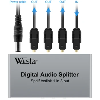 Wiistar 3-Лентов Оптичен Цифров Аудиоразветвитель Spdif Toslink 1x3 Оптичен Сплитер 1 Вход 3 Изход Поддръжка на DTS в AC3 с Кабел за захранване