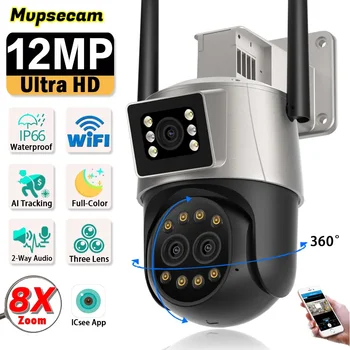 Трехобъективная IP камера WIFI 12MP 6K, цветна външна сигурност, нощно виждане, 360 безжични камери, откриване на човек iCSee